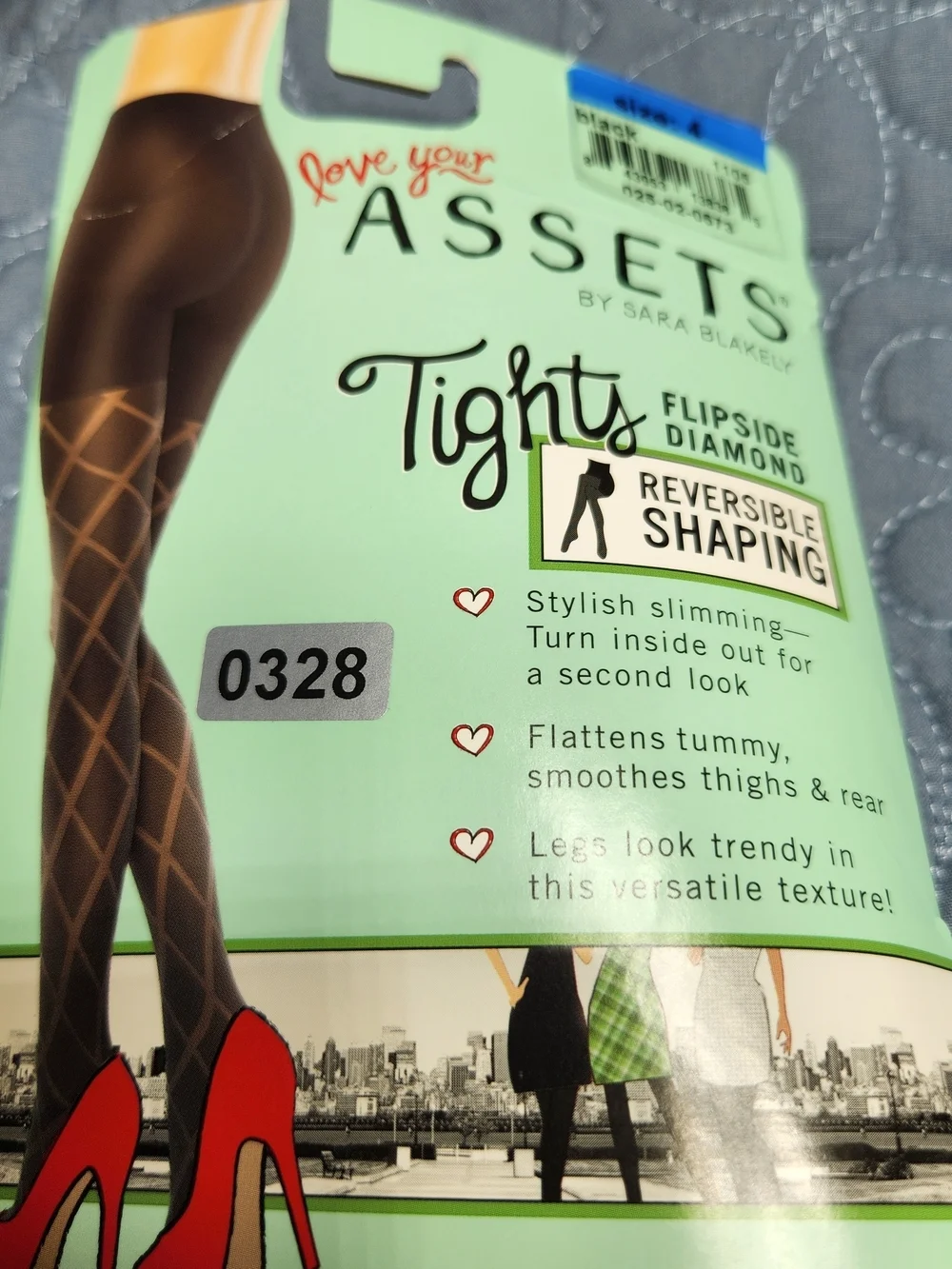 SPANX Black Love Your Assets Flipside Diamond Pattern Tights Size 4